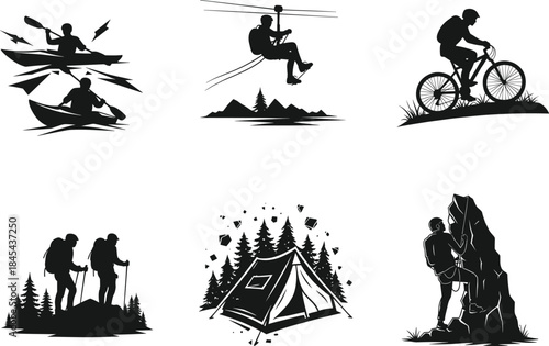 Outdoor adventure vector illustration set with camping, hiking, kayaking, zipline, mountain biking, and rock climbing silhouettes for travel, exploration, and nature design
