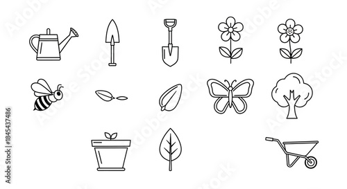 Gardening tools and plant icons set.