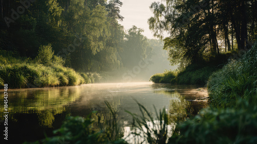 Serene morning river landscape tranquil forest photography natural beauty peaceful atmosphere