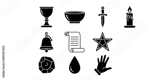 Various religious symbolic icons objects.