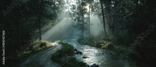 Tranquil river flowing through lush forest nature scene early morning serene landscape inviting perspective