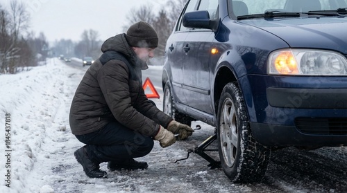 Man changing winter tire on roadside in snow during winter season  