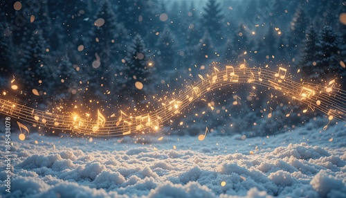 Winter Music: Creating a Melodic and Dreamy Holiday Scene with Floating Musical Notes in Snow