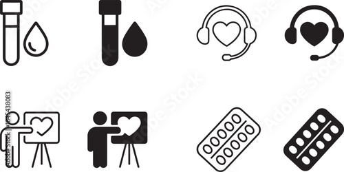 Healthcare and medical icons set including blood test call center health education and medicine blister pack symbols