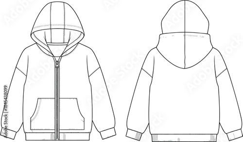 Oversized zipped hoodie flat fashion technical sketch vector illustration, front and back view, long sleeve sweatshirt template with pockets, apparel CAD drawing.