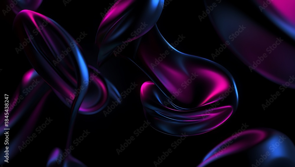 Naklejka premium Abstract dark neon 3D fluid shapes background with glossy liquid metal texture and purple blue gradient