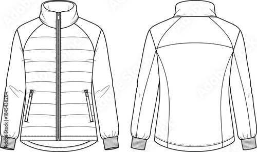 Padded Stand-Collar Bomber Jacket CAD Drawing Fashion Flat Vector Illustration Template Front and Back Views for Technical Design Specification and Apparel Mockup