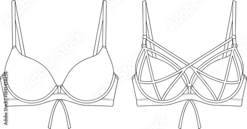 Vector illustration of stylish women's bra design featuring clean front view and detailed strappy back style for lingerie fashion templates.