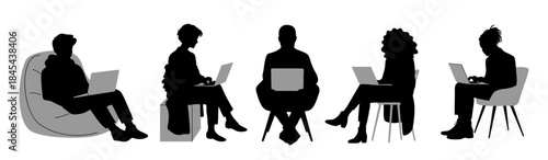 Black silhouettes of diverse business people working on laptops in relaxed seating poses, representing modern remote workspace culture. Flat vector illustrations isolated on transparent background