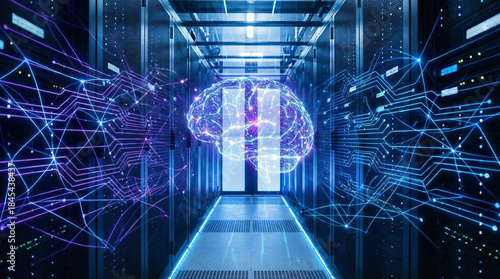 Futuristic Data Center with AI Brain Concept