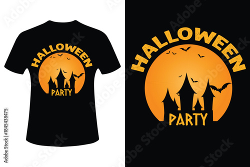Halloween party t shirt design with spooky silhouettes and orange moon