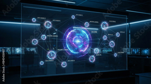 Futuristic Data Visualization of AI Core and Machine Learning Nodes