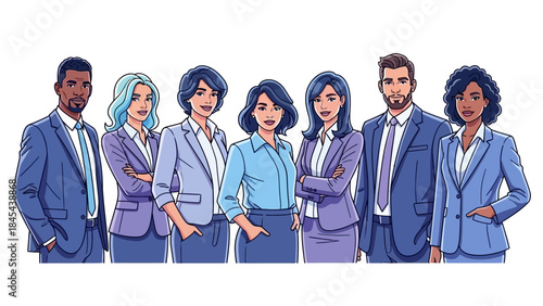 Diverse business team line up professional men and women stand together displaying collaboration and unity in a modern corporate environment