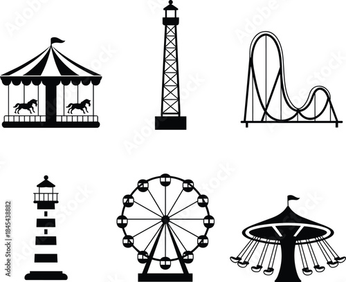 Amusement park silhouette icons set featuring carousel ferris wheel roller coaster lighthouse fair rides entertainment black vector illustration