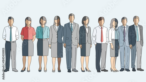 Business multinational team. Vector illustration of diverse cartoon men and women of various races, ages Diverse group of business people standing in a row on light blue background professional staff 