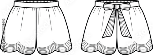 Cute women shorts fashion illustration, front and back view with bow tie waist and scalloped hem, minimalist line art vector