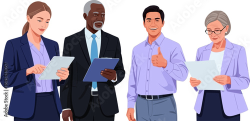 Four diverse business professionals standing with documents and tablets on transparent background, a confident and experienced team ready for success