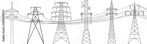 Electric power transmission towers illustration, various high voltage pylons with overhead lines, industrial energy infrastructure, minimalist line art vector