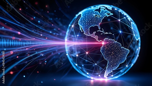 Futuristic Global Digital Network Communication Concept with Glowing Data Streams