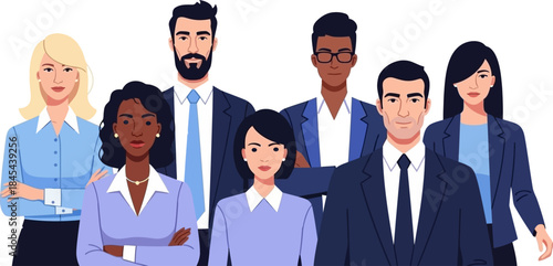 Business multinational team. Vector illustration of diverse cartoon men and women of various races, ages and body type in office outfits. Isolated on white.