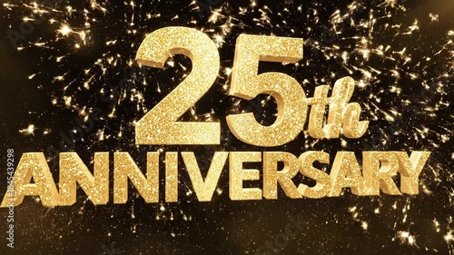 Glittering golden 3d text 25th anniversary with sparkling particles against a dark background, perfect for celebration