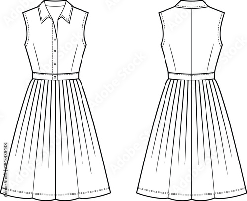Elegant sleeveless shirt dress fashion illustration, front and back view with button down bodice and pleated skirt, minimalist line art vector