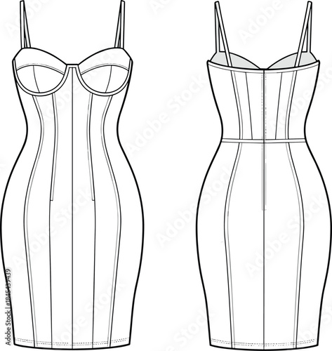 Women corset bodycon dress technical flat sketch showing front and back views vector illustration for fashion apparel production design use
