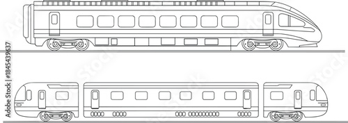 Modern high speed train side view illustration, front and back cars with detailed exterior, minimalist line art railway vector design