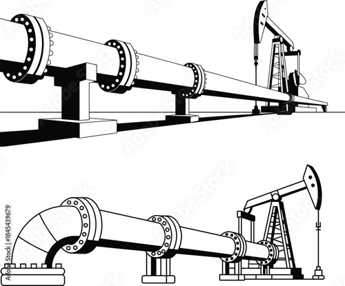 Oil pipeline and pumpjack industrial silhouette illustration showing petroleum extraction energy infrastructure refinery transport system black vector design