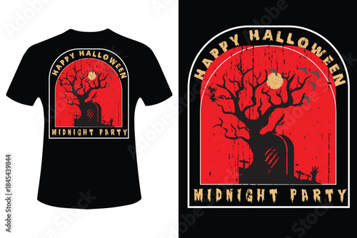 Halloween midnight party t shirt design with spooky tree and archway