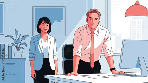 Serious businessman and businesswoman standing in a modern office, portraying professional authority and corporate leadership in a structured environment