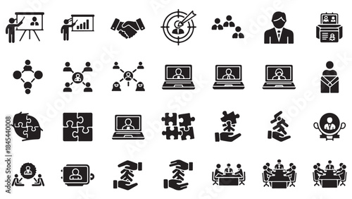 Set of black and white vector illustrations featuring business management, teamwork, collaboration, and meeting icons, including people, networking, handshake, and planning symbols