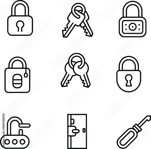 Security and lock icons set including padlocks, keys, keyholes, door lock mechanism and locksmith tools in modern outline style illustration