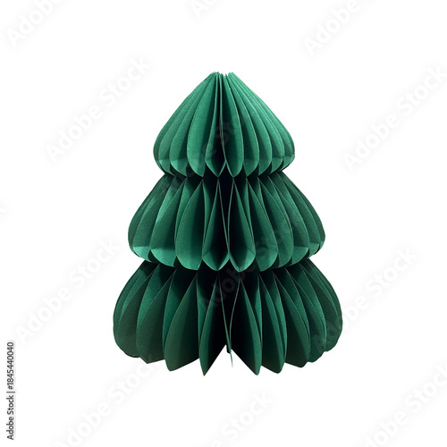 Green paper honeycomb Christmas tree decoration isolated on white background. Folded festive ornament for holiday interior styling. Minimal decorative cutout for seasonal and celebration concepts.