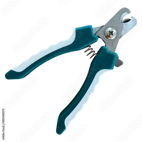 Open pet nail clippers for cats isolated on white background. Grooming accessory designed for trimming animal claws safely. Detailed cutout for pet care and veterinary use. dog