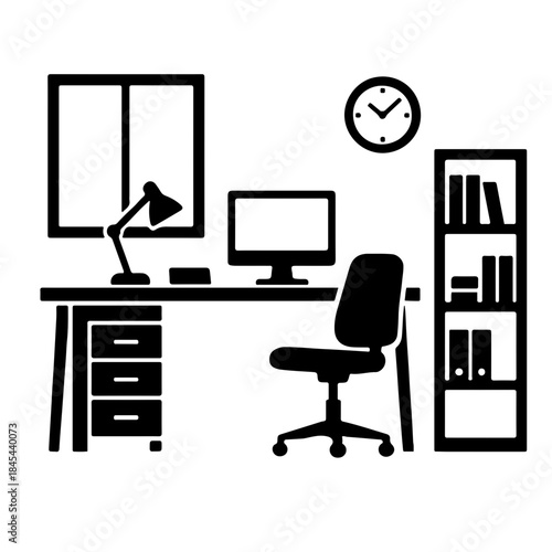 Black and White Office Room Vector – Minimalist Workspace Silhouette