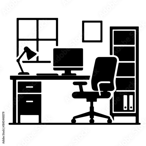 Black and White Office Room Vector – Minimalist Workspace Silhouette
