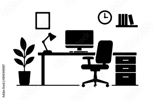 Black and White Office Room Vector – Minimalist Workspace Silhouette