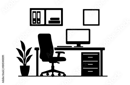 Black and White Office Room Vector – Minimalist Workspace Silhouette