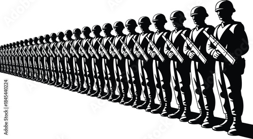 Silhouette of army soldiers standing in long formation holding rifles, military troop lineup representing discipline, defense forces, unity, protection and security