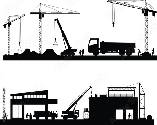Silhouette of construction site with cranes, trucks, workers, and building structures, industrial development illustration showing heavy equipment, machinery, labor and progress