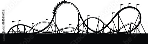 Silhouette of looping roller coaster with steep drops, twists, and cars on track, amusement park ride illustration showing thrill, speed, excitement and motion