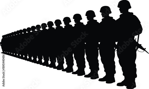 Silhouette of military soldiers standing in formation, armed troops lined up, army personnel teamwork, defense force unity, security service illustration