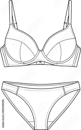 Women lingerie technical fashion illustration with bra and panties front view, detailed underwear line vector design for apparel production templates