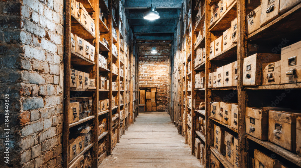 Fototapeta premium Old archive basement storing historical document boxes
