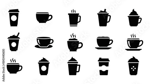 Black silhouette icon set of hot coffee and tea cups, mugs, and saucers for cafe and restaurant drink menu design