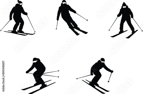 Silhouettes of skiers in dynamic downhill poses, winter sports illustration showing speed, motion, balance, snow activity and athletic outdoor recreation design