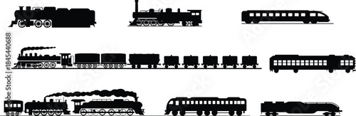 Silhouettes of various trains including steam locomotives, freight wagons, passenger coaches, and modern high-speed rail, transportation illustration set for design projects