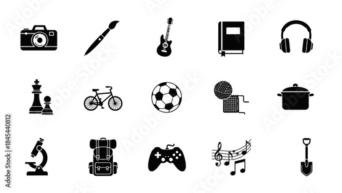 Simple vector icon set of everyday objects and hobbies like camera music game bike book and cooking tools in black silhouette style