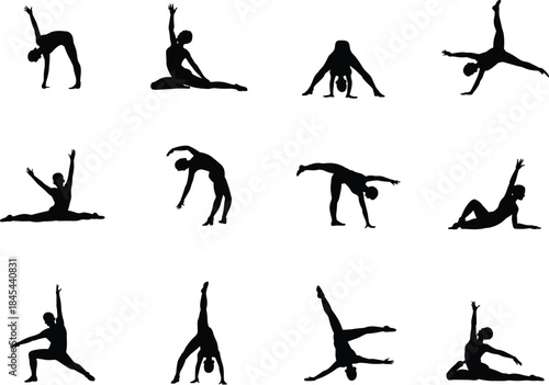 Silhouettes of women performing yoga and stretching poses, flexibility exercise collection, fitness posture illustration set for wellness, balance, movement and body training